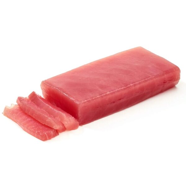 Fresh tuna saku block with a deep red hue, ideal for sushi or sashimi, displayed on a clean cutting board ready for slicing