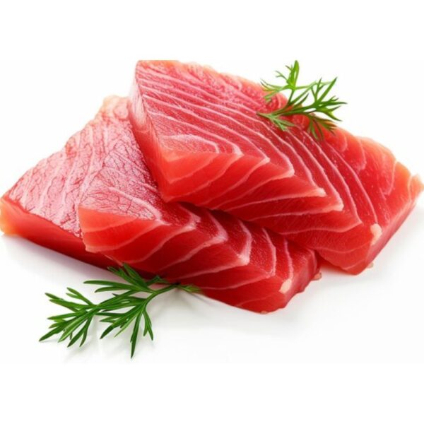 Slices of fresh tuna maguro sashimi, rich in flavor and vibrant red in color, elegantly arranged on a bed of crushed ice