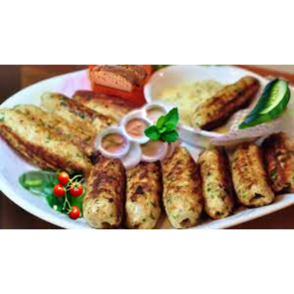 Juicy chicken Afghani seekh kebab grilled to perfection, marinated in creamy yogurt and aromatic spices, served with mint chutney